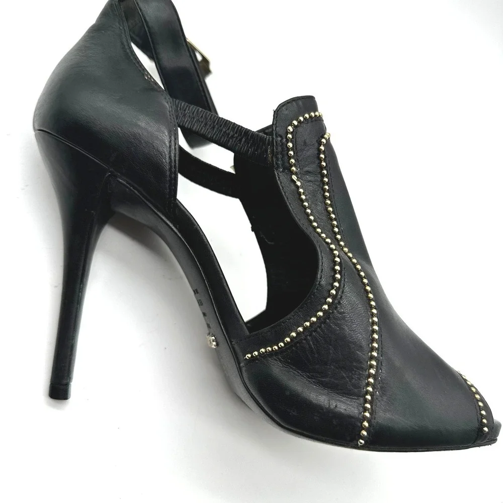 Schutz Womens Cwen Black Leather Gold Studded Peep Toe Stiletto Heels 10B